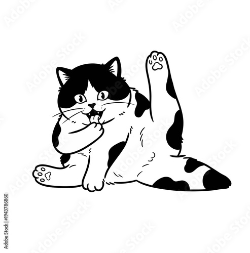 Cute Chubby Spotted Cat Doodle Illustration Sitting With One Raised Leg And Licking Paw Funny Pose Isolated Black And White Line Art