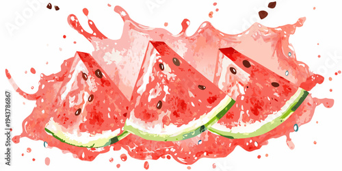 A burst of watermelon slices and juice creates a vibrant summery splash