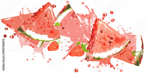 Exploding watermelon slices with splashes and scattered strawberries