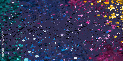 Colorful abstract confetti and star shapes scattered on a dark background