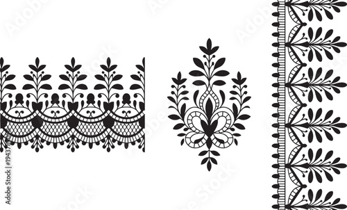 Black lace borders, floral patterns, ornate designs, elegant motifs