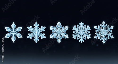 Collection of Five Illuminated Snowflakes on Dark Background.