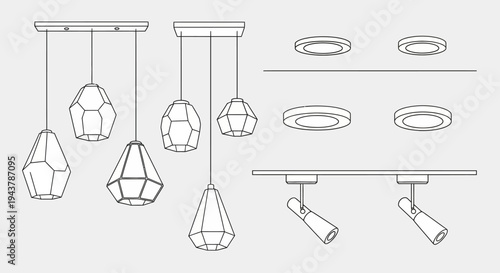 Ceiling Hanging Lamps and Lighting Fixtures Icons Set Interior Light Design Vector