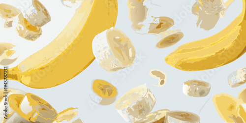 Sliced bananas and pieces floating against a pale gray background