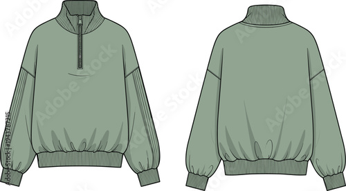 Women Oversized Quarter Zip Pullover Sweatshirt Technical Flat Sketch Vector with Drop Shoulder and Ribbed Trim Fashion Design Template