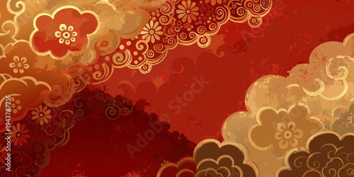 Elegant floral background with swirling patterns in shades of red and gold