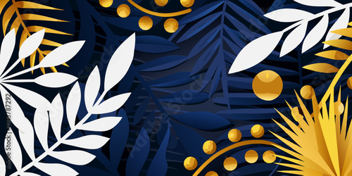 Abstract tropical leaves in gold and navy blue a vibrant pattern