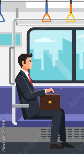 Businessman commuting on train, briefcase, city skyline view from window