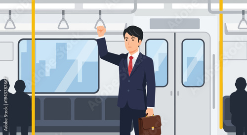 Businessman commuting on subway, holding briefcase and strap, city skyline view