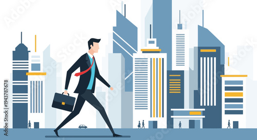 Businessman walking in modern city with skyscrapers, carrying briefcase