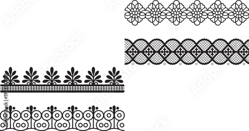 Black lace borders, ornate designs, floral patterns, decorative edges