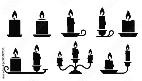 Candle icon set.  burning candle icon with candle holder and burning candle silhouettes