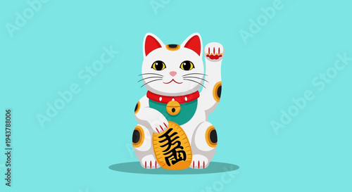 Maneki Neko Lucky Cat with Gold Coin, Japanese Beckoning Cat, Symbol of Good Fortune