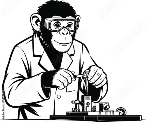 Black and white vector illustration of a chimpanzee technician wearing safety goggles and a lab coat performing precise mechanical work.