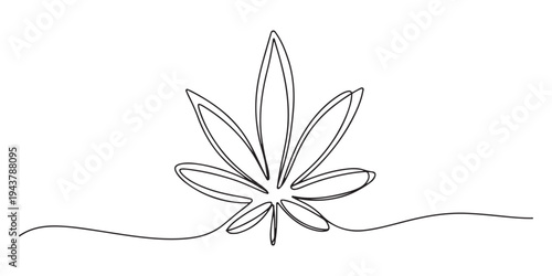 Continuous  one line drawing of a cannabis leaf as a minimalist marijuana icon in black and white style. 