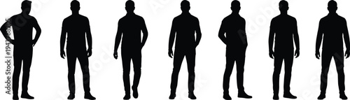 Silhouettes of seven standing male figures in varied postures and stances, representing human body language and design illustration