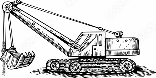 Heavy Duty Excavator Construction Machinery Line Art Illustration Isolated on White