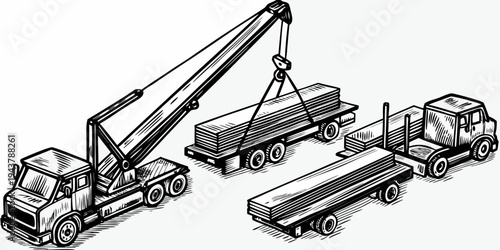 Mobile Truck Crane Lifting Heavy Cargo Load Line Art Illustration