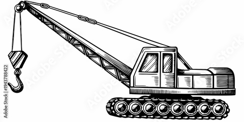 Industrial Crawler Crane Hook Heavy Lifting Construction Machine Woodcut Vector