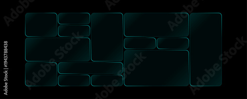 Futuristic UI dashboard layout with neon green transparent bento grid glass frame interface panels