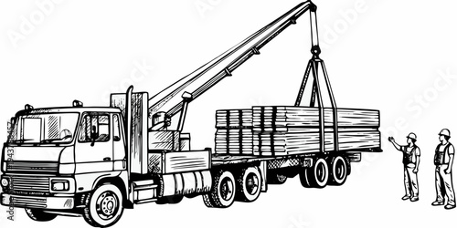 Flatbed Crane Truck Loading Cargo Woodcut Illustration Construction Vehicle