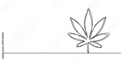 Continuous  one line drawing of a cannabis leaf as a minimalist marijuana icon in black and white style. 