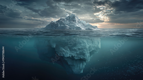 Arctic iceberg floats with hidden danger below concept. Majestic iceberg floating in tranquil ocean waters at sunset.