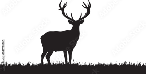 Black silhouette of deer with antlers standing on grass