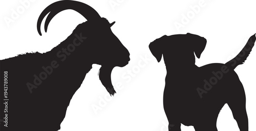 Black silhouette of goat and dog on white background animal
