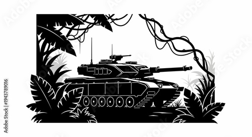 Jungle Warfare Tank Silhouette - Military Vehicle in Dense Foliage