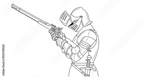 Knight in armor aiming a musket, historical warfare illustration