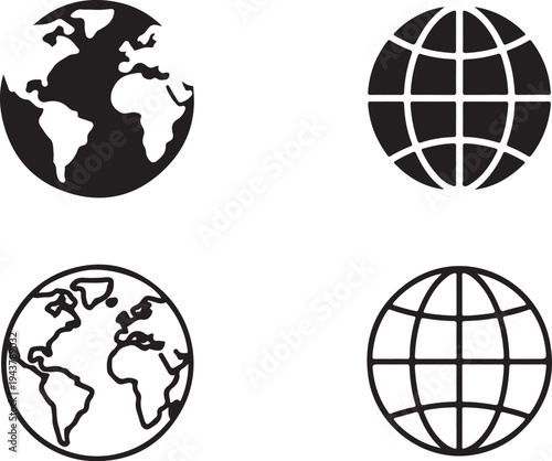 Minimal Globe Icon Set Earth Planet Outline and Grid World Symbols