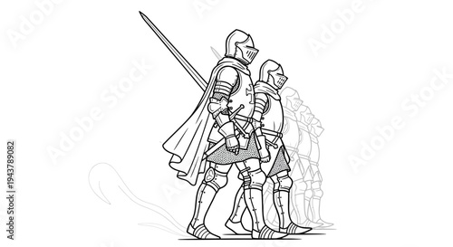 Knights in Armor Walking, Medieval Warriors, Historical Combatants, Line Art Illustration