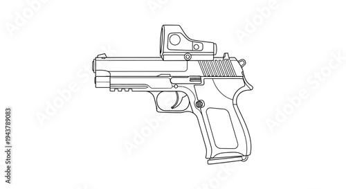 Line Art Drawing of a Modern Pistol with Red Dot Sight - Tactical Weapon Illustration