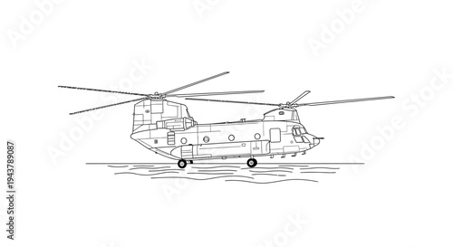Line Art Illustration of a Twin-Rotor Helicopter on a White Background