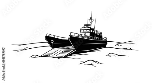 Landing Craft Boat with Ramp, Military or Commercial Transport, Black and White Illustration