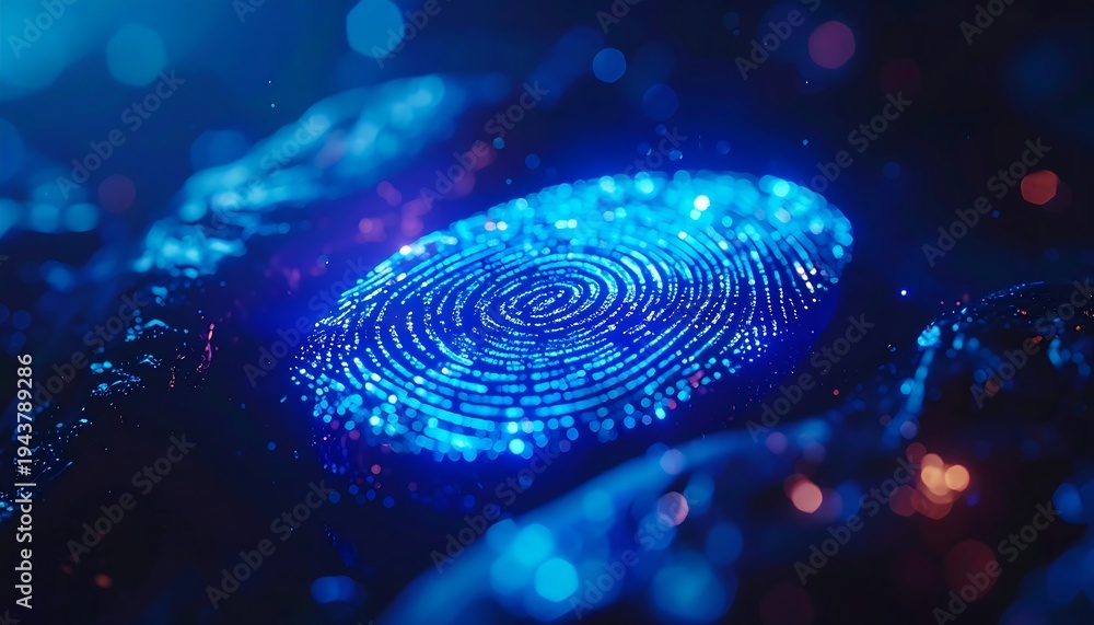Obraz premium Fingerprint Illuminated: A close-up view of a glowing fingerprint, emitting a cool blue light, highlights the intricate patterns and detail of an individual's unique identifier.