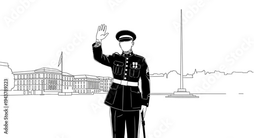 Marine Officer Saluting in Front of Building and Flagpole