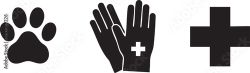 Black silhouette of paw print medical glove and cross animal paw dog paw