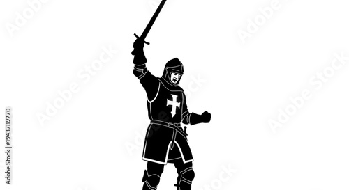 Medieval Knight Warrior Silhouette with Sword Raised in Victory