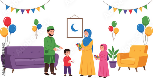 Muslim family celebrating Eid al Fitr at home with balloons, crescent wall art and children receiving gifts vector illustration scene
