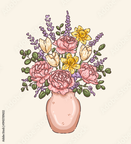 Vibrant Spring Floral Bouquet in Vase - Hand-Drawn Illustration with Pink Peonies, Yellow Daffodils, and Lavender for Easter Decor