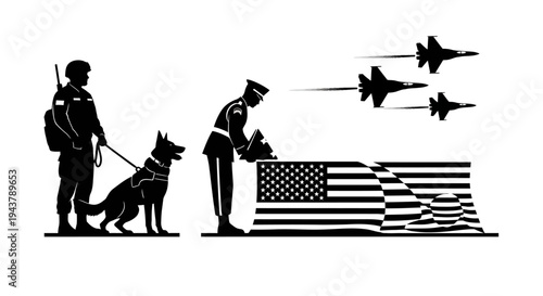 Military Funeral Ceremony with Fallen Soldier, K9 Unit, and Fighter Jets Flyover