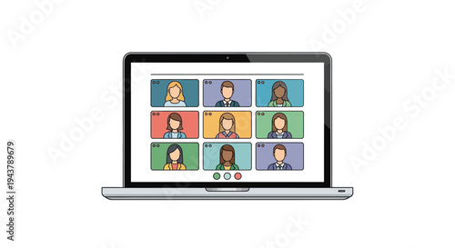 Vector illustration of laptop with 12 people on video conference call