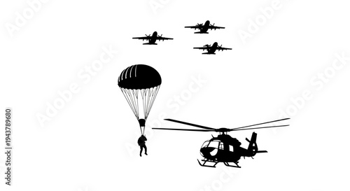Military Helicopter and Paratrooper Jump with Transport Planes Overhead