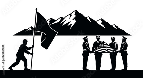 Military Honor Guard Carries Flag with Mountains Background