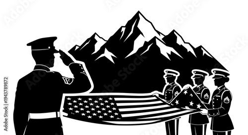 Military Honor Guard Folds American Flag Before Majestic Mountains