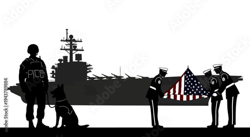 Military Honor Guard Folds American Flag Beside Aircraft Carrier with Soldier and K9