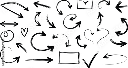 Collection of Hand Drawn Black Arrows and Shapes on White Background Keywords: arrow, hand drawn, sketch, drawing, doodle