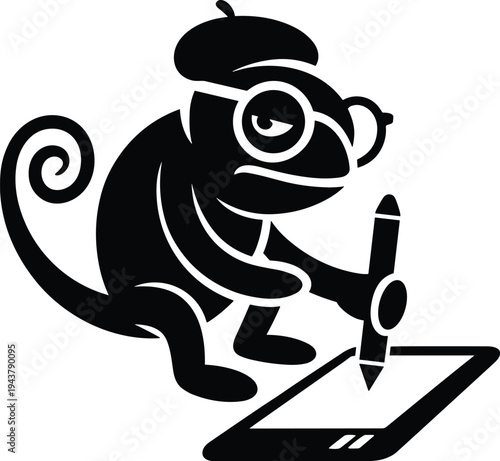 Chameleon artist wearing beret and glasses drawing on digital graphics tablet with stylus pen black and white vector silhouette illustration